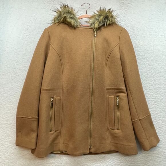 Michael Kors Jackets & Blazers - Michael Kors Coat Womens 12 Brown Wool Blend Faux Fur Hood Outdoor Luxury Earthy